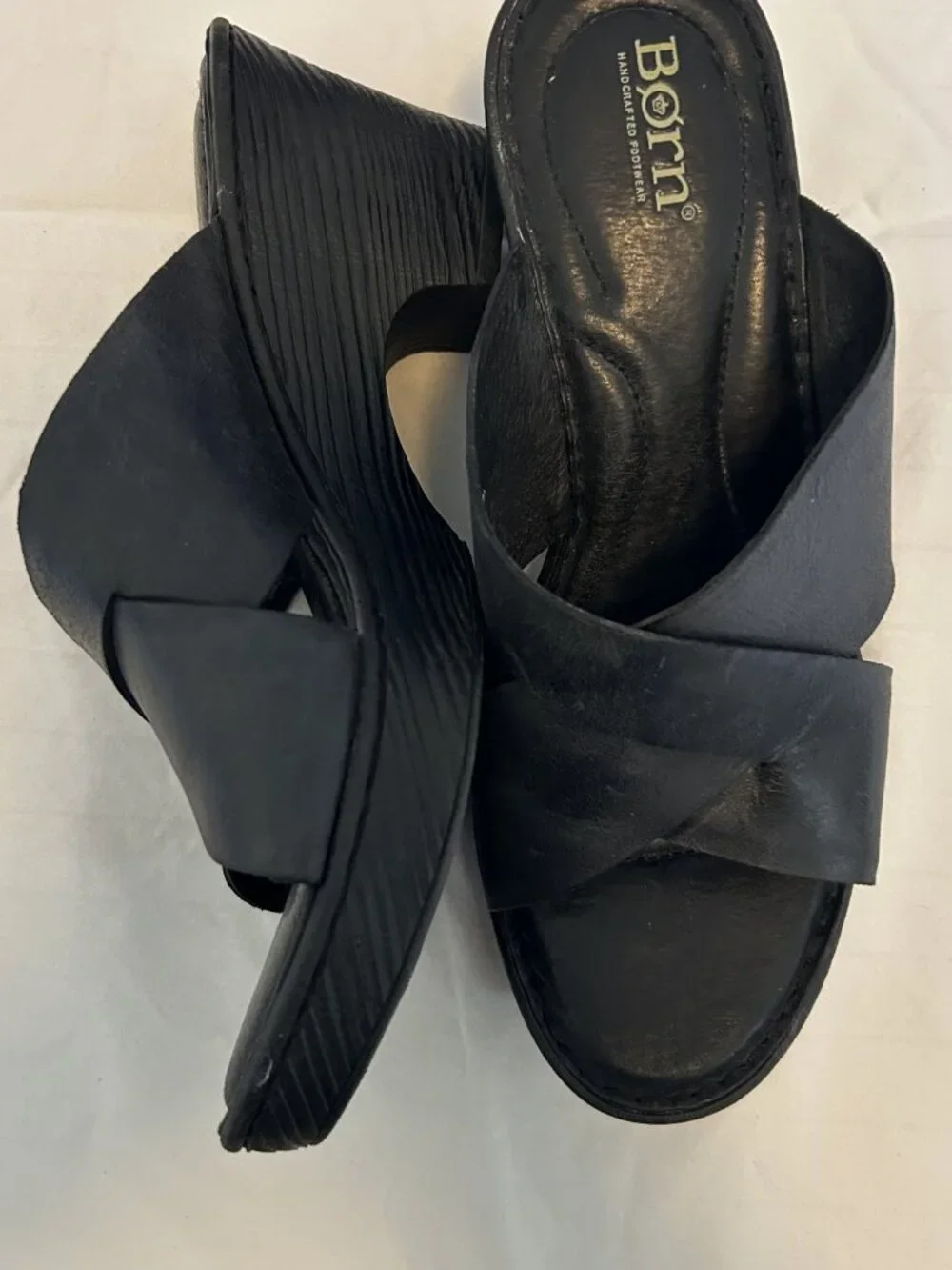 Børn Black Leather Crisscross Platform Wedge Slide Sandals 9M